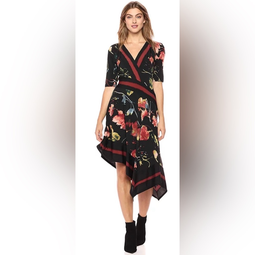 BCBGMAXAZRIA 1/2 Sleeve Asymmetrical Floral Faux Wrap Midi Dress ZB2